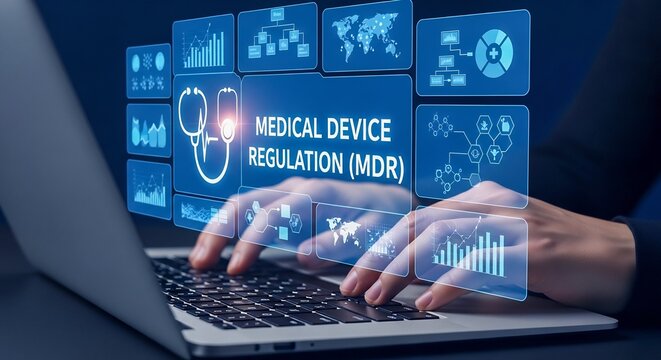 Medical Device Regulation MDR concept with hands typing on laptop computer