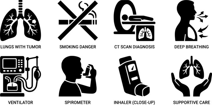 Respiratory Health and Lung Care Vector Icon Set Featuring Inhaler Ventilator CT Scan and Spirometer