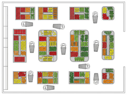 CAD drawings of people queuing and interacting at service counters, illustrating customer flow and process representation