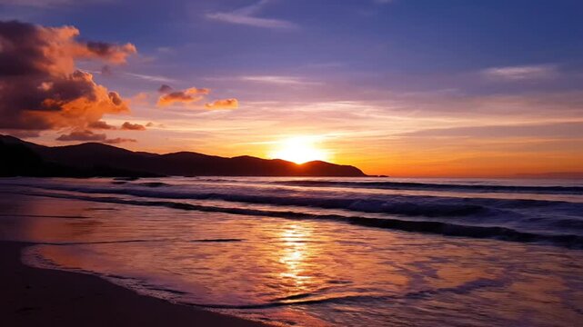 Serene coastal landscape at sunset featuring gentle ocean waves lapping on a sandy beach with silhouettes of mountains, vibrant orange and purple clouds, and golden sun reflections.