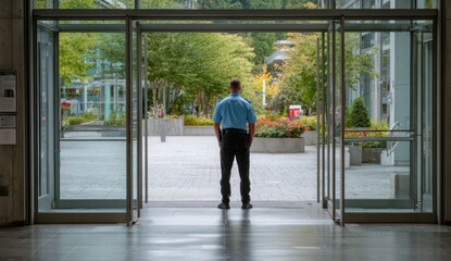 Fototapeta premium Security guard in uniform standing at the entrance of modern office building