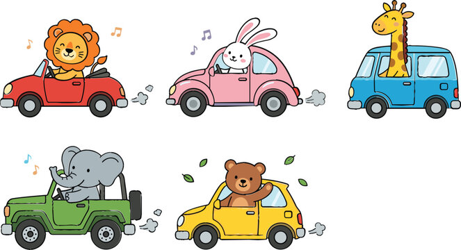 Cute Cartoon Animal Driving Car Clipart Set Featuring Lion Rabbit Giraffe Elephant and Bear in Colorful Vehicles Isolated on White Background