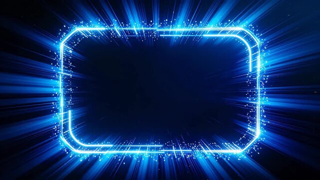 Blue neon rectangular frame with glowing lines and particles on black background