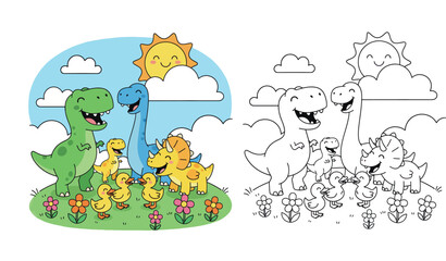 Happy Cartoon Dinosaurs and Ducklings Playing in a Flowery Meadow Under a Sunny Sky - Cheerful Dino Friends © MstSangita