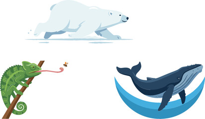 Flat Wild Animal Vector Illustration Set Featuring Running Polar Bear Chameleon Catching Bug and Humpback Whale Swimming in Blue Water Wave © Hossain