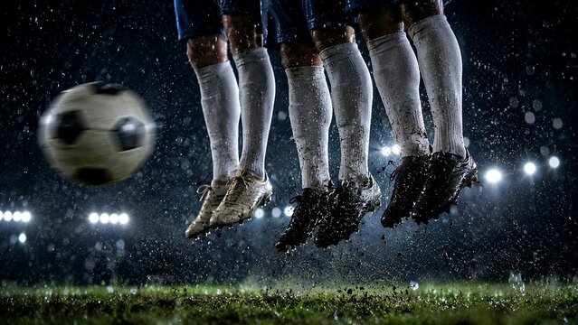 Soccer players jumping for ball during dramatic football game