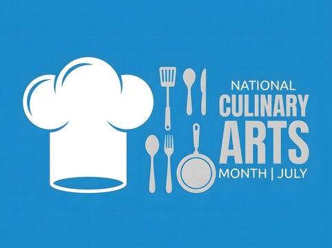 National Culinary Arts Month July celebration concept with chef hat and kitchen utensils on blue background vector illustration
