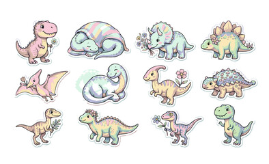 Cute Baby Dinosaur Sticker Collection, Adorable Kawaii T-Rex Triceratops and Stegosaurus Holding Flowers, Playful Dino Doodles Sleeping and Smiling © Ghirza