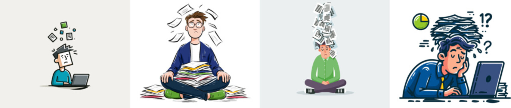 A frustrated employee sits at a laptop amidst an endless pile of paperwork, overwhelmed by the overwhelming task ahead