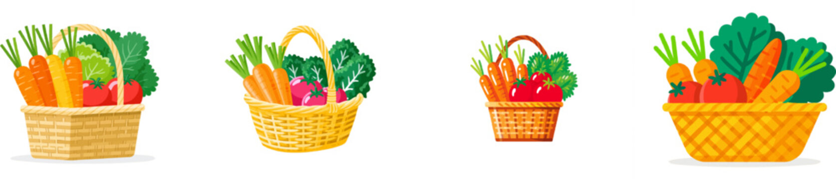 A flat 2D vector art of a woven wicker basket overflowing with vibrant organic carrots, tomatoes, and leafy kale in bold solid colors