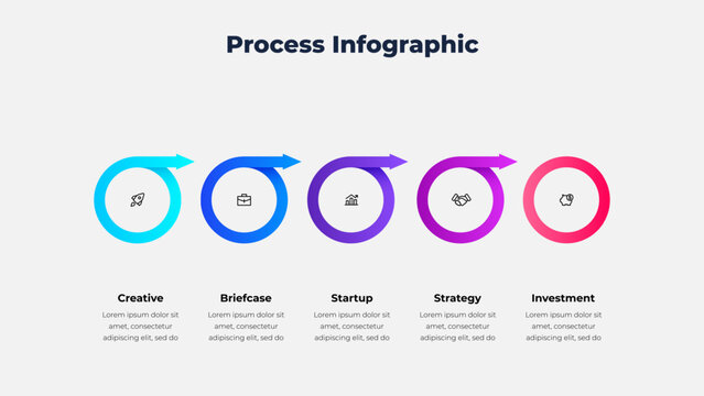 Five Step Circular Arrow Process Infographic Template for Business Workflow and Strategy Planning.