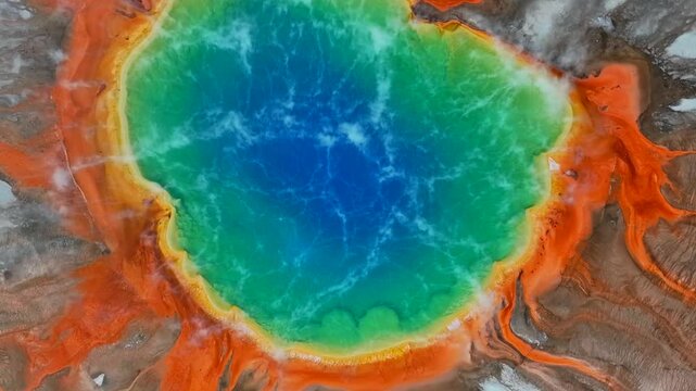 Grand Prismatic Springs hot springs Mid Geyser Basin Wyoming Yellowstone National Park aerial drone birdseye view nature landscape morning colorful vibrant opal blue orange pools upwards circle motion