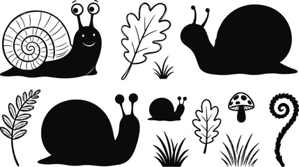 Cute cartoon snail silhouette icon set with forest leaves grass fern frond and mushroom for woodland nature theme graphic vector design assets © Kamrun