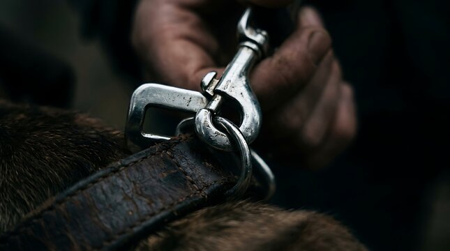 Close up of a hand attaching a metal leash to a leather dog collar