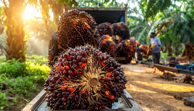 Freshly Harvested Oil Palm Fruit Bunches on Truck in Plantation.