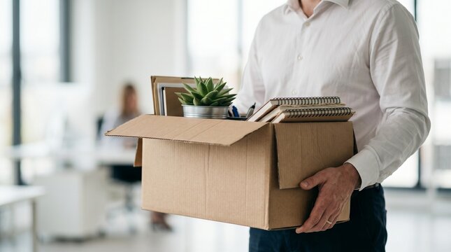 Man in white shirt carrying a box of personal belongings, leaving the office after resignation or layoff, conveying a sense of transition and change in career
