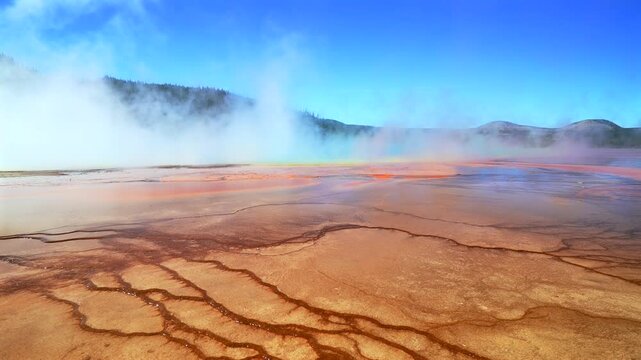 Grand Prismatic Spring vibrant colorful hot springs steam pool mineral layers Midway Boardwalk Fairy Falls trail Mid Geyser Basin Wyoming USA Yellowstone National Park nature landscape sunny morning