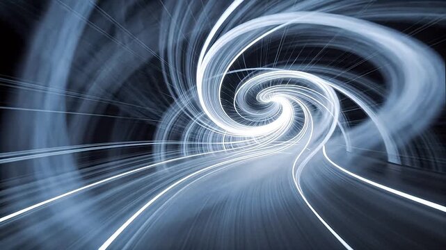 White bright light bands forming spiral vortex in deep dark space
