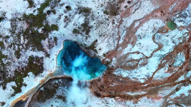 Turquoise Pool Excelsior Geyser Crater Grand Prismatic Springs Mid Geyser Basin Wyoming Yellowstone National Park aerial drone birdseye view nature hot springs landscape morning upwards motion
