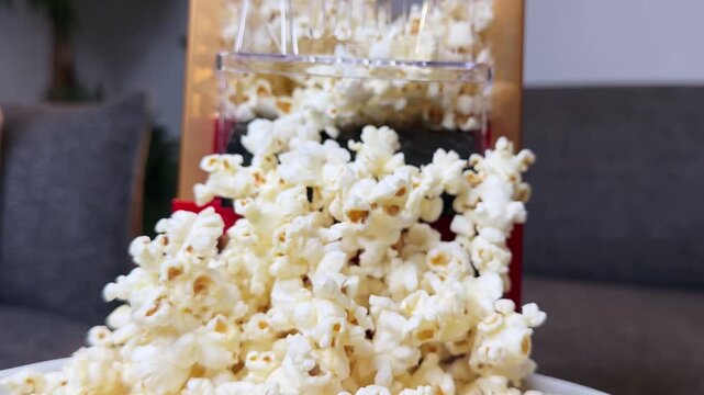 Close up of fresh popcorn pouring from a home maker machine into a white bowl. Indoor living room setting with warm evening lighting for a movie night snack concept.