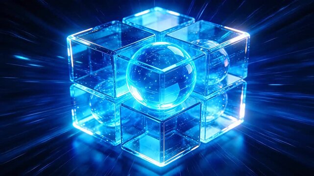 Abstract 3D geometric structure with transparent blue cubes and floating spheres
