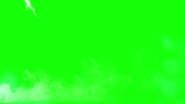 Lightning bolt strikes across a vibrant green background with wisps of white smoke and mist at the bottom, suggesting a dramatic weather event or special effect.