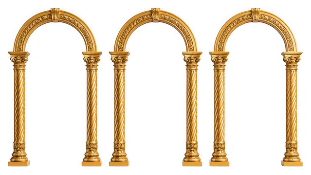 Three golden arches with ornate columns and decorative carvings isolated on transparent background