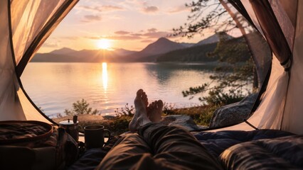 Sunset view from tent near lake