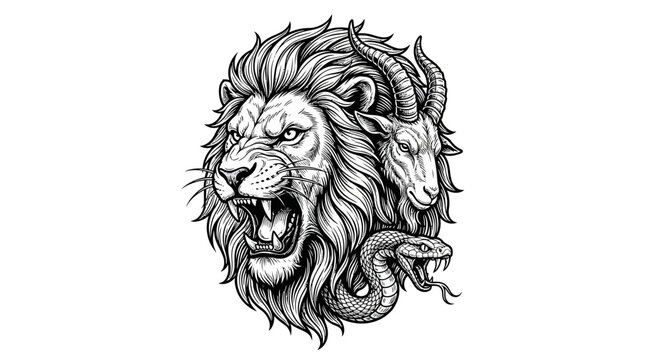 Chimera Illustration Featuring a Lion, Goat, and Snake Head.