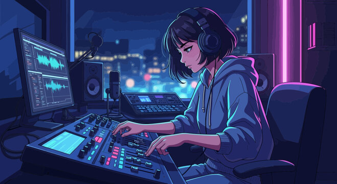 Creative Music Producer Editing Tracks in High-Tech Studio