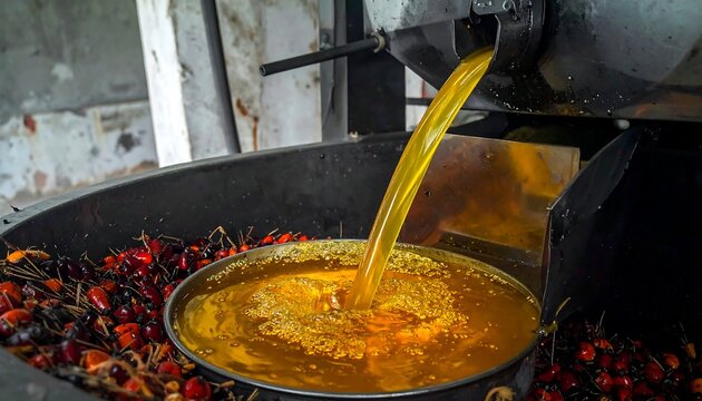Fresh palm oil extraction process from palm fruit in industrial mill.