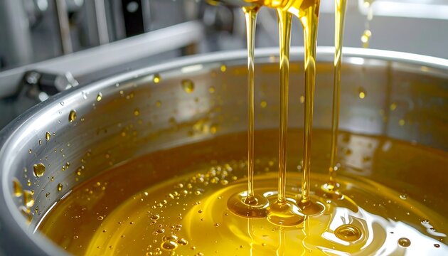 Golden honey pouring into a stainless steel container in a food production facility.