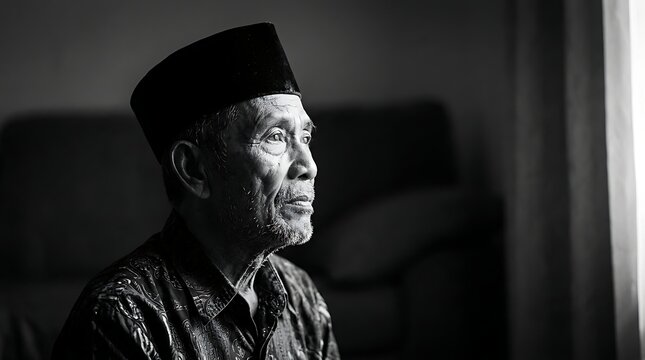 Elderly man wearing a traditional songkok cap looking contemplative