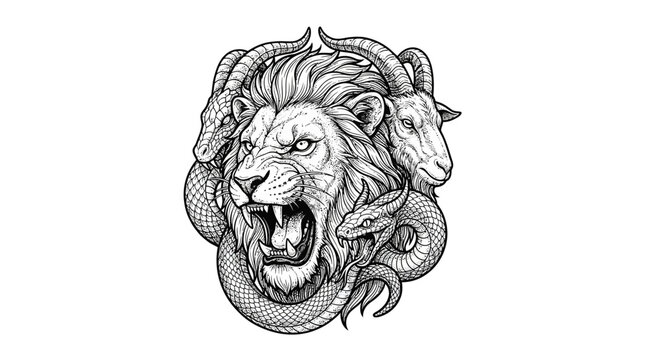 Detailed illustration of a Chimera with lion, goat, and serpent features.