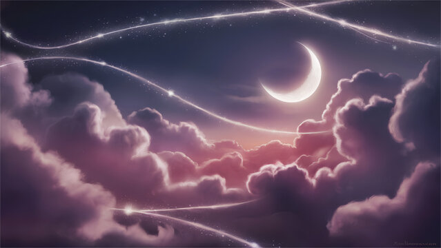 Beautiful Night Sky with Moon and Shooting Stars Over Clouds