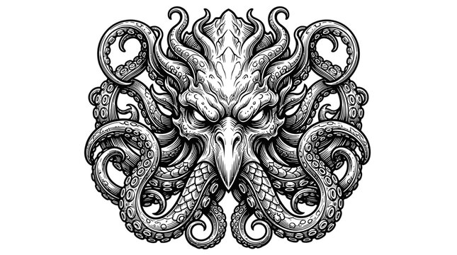 Detailed Ink Drawing of a Cthulhu-Inspired Creature with Tentacles.