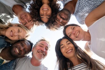 Obraz premium The group of diverse smiling friends forming a circle and looking down together