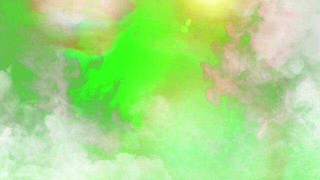 Soft, wispy clouds tinged with warm yellow light drift across a luminous green background, offering a gentle, airy texture for atmospheric compositing.