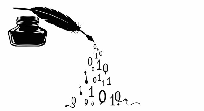Feather quill pen creating digital code from ink, symbolizing the evolution of writing and technology.