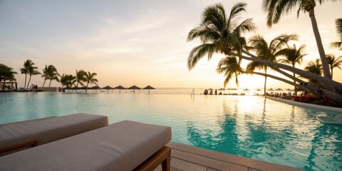 Fototapeta premium The Infinity Pool at a Tropical Resort Overlooking a Serene Ocean Sunset