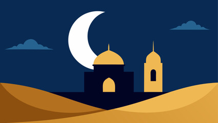 Mosque in desert at night with crescent moon © Devili