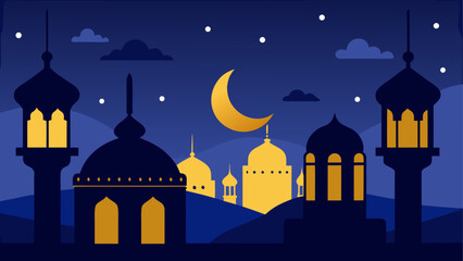 Islamic mosque cityscape at night with crescent moon © Devili