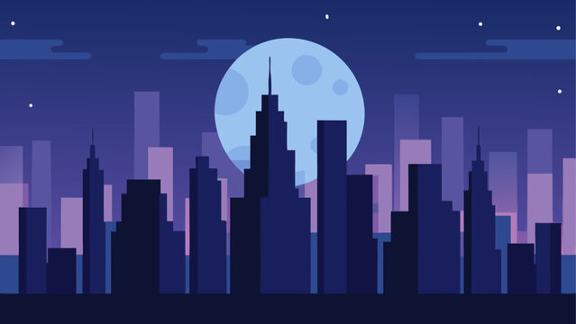 City skyline at night with full moon