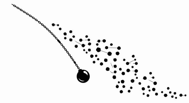 Abstract pendulum creating a scattered constellation of dots in a dynamic arc