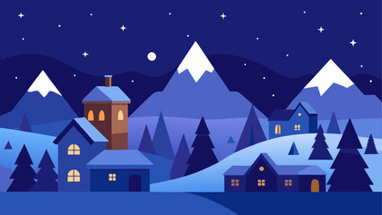 Fototapeta premium Snowy village at night with mountains