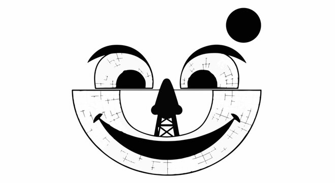 Whimsical cartoon face with expressive eyes and a wide smile, set against a white background.