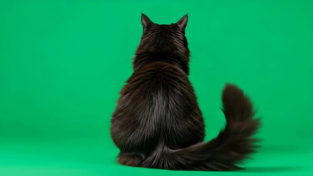 Elegant black cat sitting gracefully against green backdrop