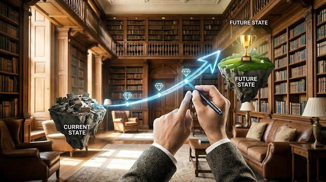 Businessman transforming current state to future state in library