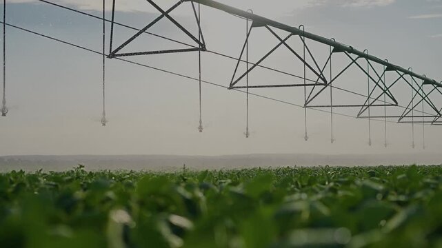 The irrigation system waters green crops, as the irrigation structure spans across the green field. Under a clear sky, the irrigation facilitates the growth of green plants.