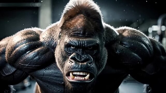 Powerful Muscular Gorilla Performing Intense Push Ups and Roaring in Gym.